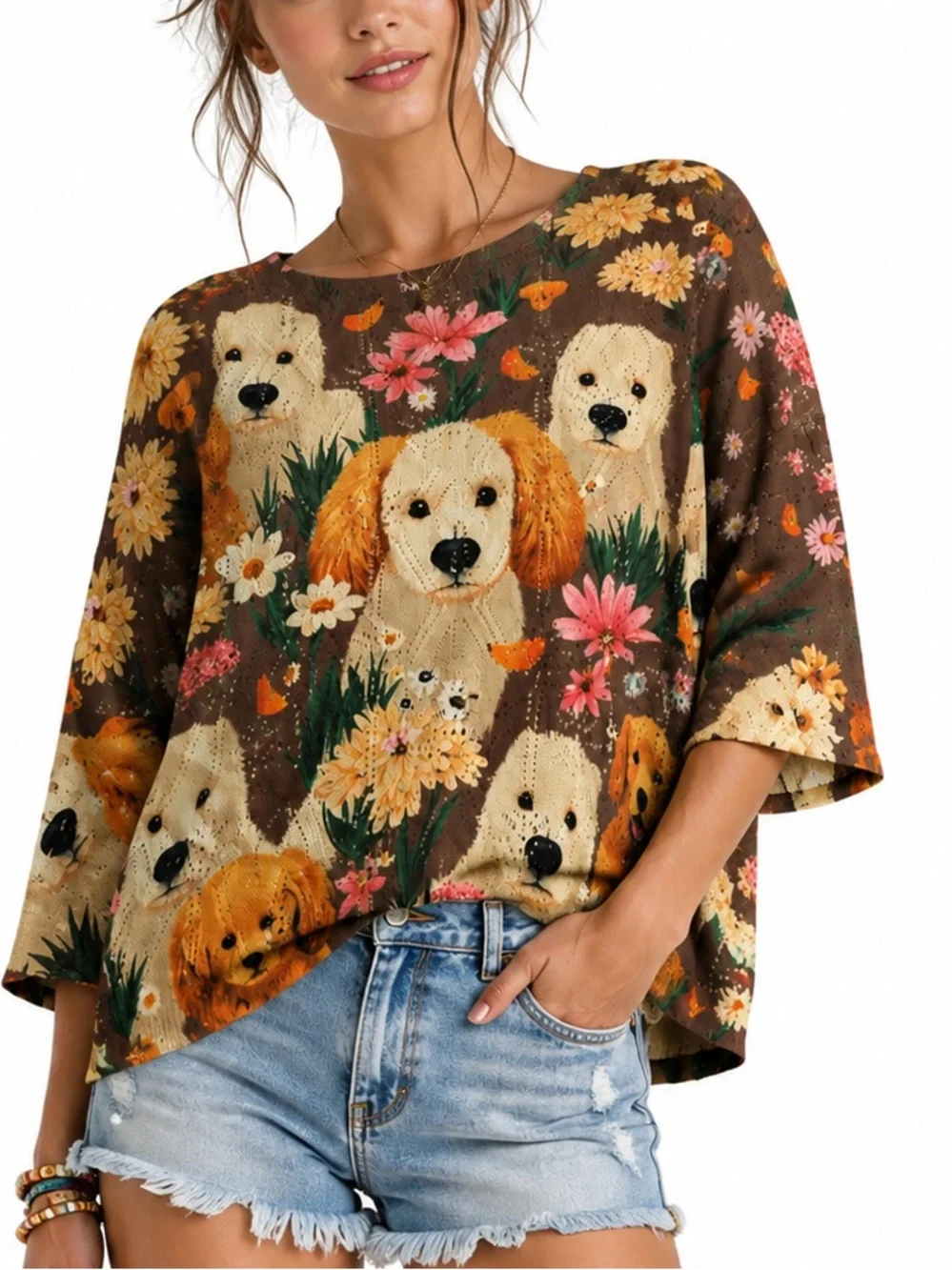 005.New Crochet Cute Puppy Floral Brown Women's Tee